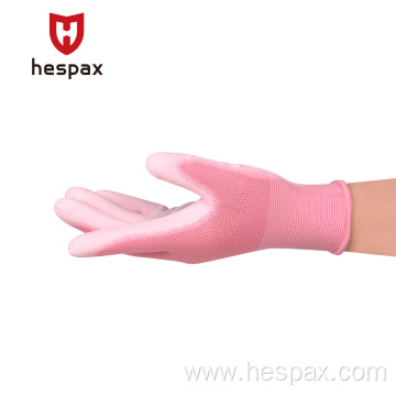 Hespax Pink Polyester PU Palm Coated Work Gloves